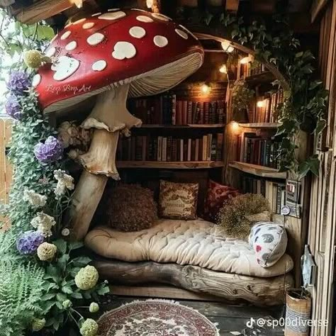 Mushroom Reading Nook, Cottagecore Furniture Ideas, Forest Themed Bedroom Decor, Goblincore Bedroom Decor, Whimsical Room Ideas, Mushroom House Interior, Mushroom Bookshelf, Mushroom Room Aesthetic, Cottage Core Furniture