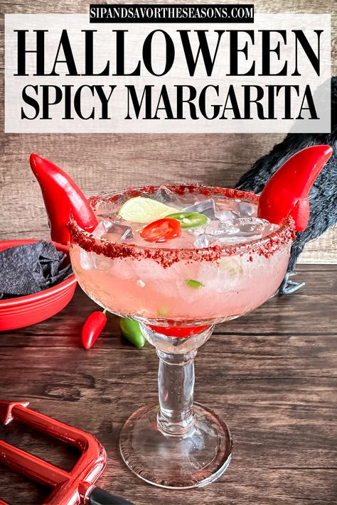 Halloween Spicy Margarita, Halloween Margarita Recipe, Spooky Margaritas, Devils Margarita, Fall Margarita Recipe, Halloween Margaritas, Sweet And Spicy Cocktail, Alc Drinks, Red Margarita