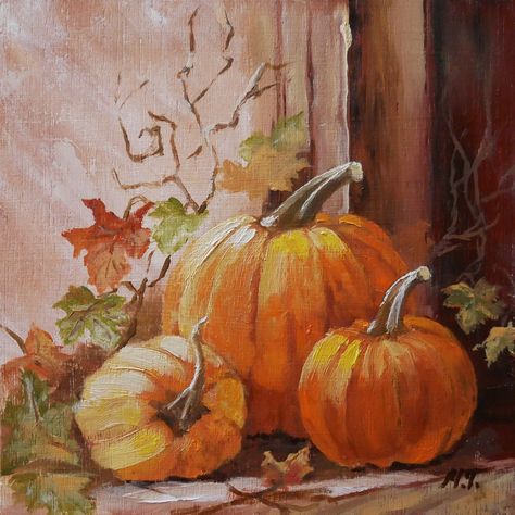 "Pumpkins. Pumpkins. Original oil painting on square wooden panel 6,5\"x6.5\" with Rembrandt oil paints. Still Life painting.    I painted for the fall season. This is a great gift for fall and will decorate your kitchen or table anywhere in your home." Pumpkin Still Life Paintings, Autumn Still Life Painting, Fall Still Life, Oil Painting Fruit, Pumpkin Oil, Painting Fruit, Painting Kitchen, Small Artwork, Wooden Panel