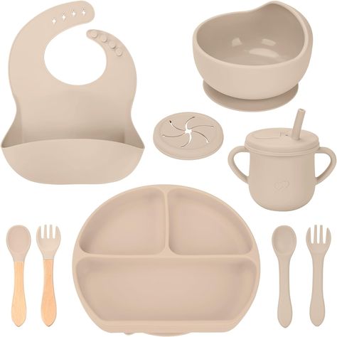 Baby Led Weaning Supplies - Silicone Suction Bowls Divided Plates, Sippy and Snack Cup - Toddler Self Feeding Eating Utensils Set with Bib, Spoons, Fork (Beige) Divided Plates, Baby Feeding Set, Eating Utensils, Utensils Set, Led Weaning, Baby Led Weaning, Weaning, Baby Feeding, Spoons