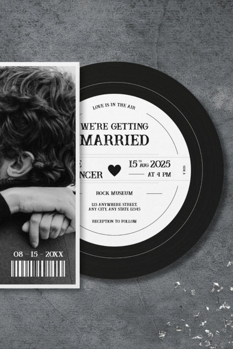 Retro Vinyl Record Album Wedding Invitation. Introducing the perfect invitation for music lovers and vintage enthusiasts alike – our Wedding Invitation Vinyl Record! This unique invitation is designed to look like a classic vinyl record, complete with grooves and a label that can be customized with your wedding details. Vinyl Invitation Wedding, Vinyl Record Wedding Invitations, Record Save The Date, Music Themed Wedding Invitations, Record Wedding Invitations, Music Lovers Wedding, Rock N Roll Wedding Invitations, Elvis Wedding, Album Wedding