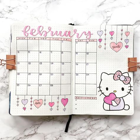 Lina - Bujo - Planning on Instagram: “Here’s my Hello Kitty themed monthly spread! . . . Materials: tombow dual brush pens, crayola super tips, gelly roll pens, & Sakura pigma…” Hello Kitty Doodles, Sanrio Journal, Hello Kitty Journal, Bujo Monthly Spread, Gelly Roll Pens, Super Tips, February Bullet Journal, Bullet Journal 2020, Whimsical Art Journal