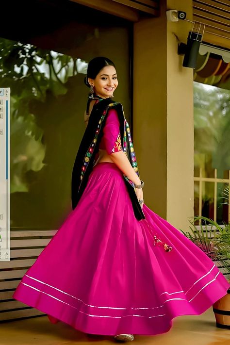 Rani Lehenga, Mirror Work Lace, Gamthi Work, Mirror Lace, Navratri Lehenga, Black Dupatta, Cotton Lehenga, Mirror Work Blouse, Rani Pink