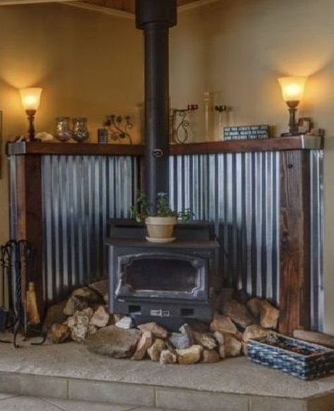 Metal Behind Wood Stove, Wood Burning Stove Corner, Corner Wood Stove, Wood Stove Surround, Stove Wall, Stove Decor, Stove Design, Wood Stove Hearth, Wood Stove Wall