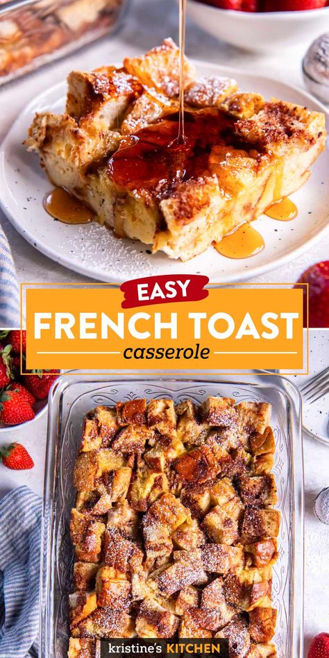 This easy French Toast Casserole has a soft custard soaked center and a crisp cinnamon-sugar topping. This recipe works best when you prep the casserole the night before, refrigerate overnight, and then bake in the morning. (But if you didn't plan ahead, you can chill it for just 30 minutes in the fridge and then bake.) It's our favorite make ahead breakfast for the holidays! Best French Toast Casserole, Easy French Toast Casserole, Oven French Toast, Make Ahead French Toast, Easy French Toast, Christmas Breakfast Casserole, French Toast Casserole Easy, Baked French Toast Casserole, Easy French Toast Recipe