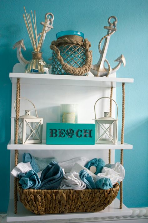 Nautical Shelf, Nautical Bathroom Design Ideas, Hanging Rope Shelves, Nautical Bathroom, Nautical Bedroom, Nautical Diy, Nautical Bathroom Decor, Beach Theme Bathroom, Beach Bathroom Decor