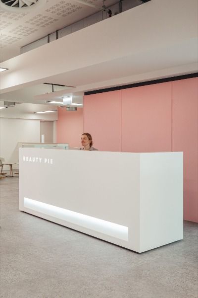 Beauty Pie reception desk Pink Panelling, Pink Branding, Beauty Pie, White Solid, Reception Desk, Solid Surface, Colour Palette, Led Light, Light Pink