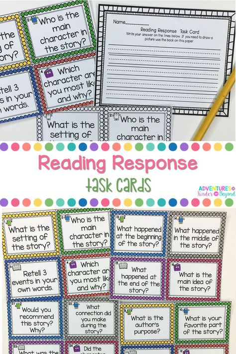 Looking for some Reading Response task cards for Kindergarten and First Grade students? This set of 24 kid-friendly task cards will have your student responding to what they have read in literacy centers in no time! These reading response questions include questions about Characters, Character Traits, Setting, Questioning, Inferences, Predicting, and more. Your students will have so much fun with these engaging reading activity cards in your classroom! #readersworkshop #kindergarten #firstgrade Task Cards Kindergarten, Reading Response Questions, Reading Activity, Reading Adventure, Elementary Ela, Reading Response, First Grade Reading, Character Traits, English Resources