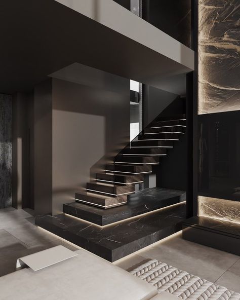 Greige Interior, Dark Staircase, Gray Stairs, Luxury Staircase, Sofa Layout, Black Stairs, Staircase Design Modern, Marble Staircase, Stairs In Living Room