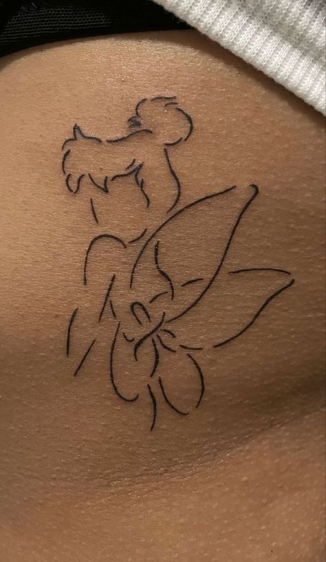 Tinker Tattoo, Aesthetic Disney Tattoos, Simple Tinkerbell Tattoo, Tinkerbell Tattoo Tiny, Small Cartoon Tattoo Ideas, Tinkerbell Tattoo Ideas, Disney Minimalist Tattoo, Tattoo Tinkerbell, Tiny Disney Tattoo