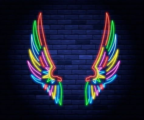 Colorful illuminated neon angel wings Pr... | Premium Vector #Freepik #vector #background #card #light #wall Neon Angel Wings, Neon Wings, Neon Light Wallpaper, Wings Wallpaper, Glowing Background, 동화 삽화, Angel Wings Wall, Wing Wall, Light Wallpaper