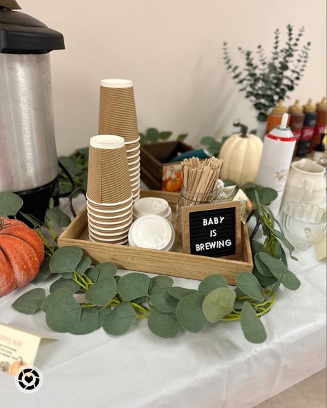 Brewing Baby Shower Ideas Coffee, Iced Coffee Bar Baby Shower Ideas, Brunch Bar Baby Shower Ideas, A Baby Is Brewing Baby Shower Ideas Tea, Baby Brunch Decor, Baby Brewing Coffee Shower Ideas, Fall Baby Shower Activities, Brunch Baby Shower Ideas Food, Baby Brewing Shower Ideas Coffee