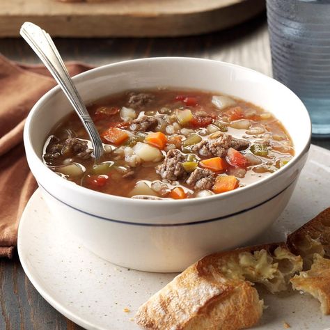 Barley Lentil Soup, Chicken Barley Soup, Beef Soup Recipes, Soup With Ground Beef, Beef Barley, Beef Barley Soup, Homemade Rolls, Mild Italian Sausage, Lentil Soup Recipes