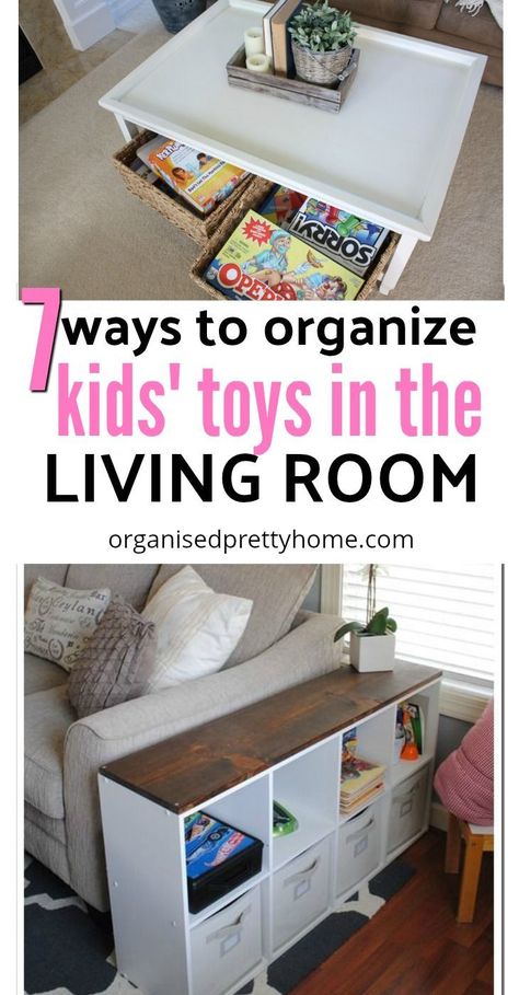 Find out 7 ideas for organizing toys in the living room.  How to have a family-friendly living room that works for both parents and kids. Stylish DIY hidden storage ideas for board games, LEGO, puzzles, books etc. - Organised Pretty Home #toyorganization #toystorage Hidden Storage Ideas, Diy Hidden Storage Ideas, Living Room Toy Storage, Kid Friendly Living Room, Toy Room Organization, Organizing Toys, Family Friendly Living Room, Ideas For Organizing, Play Corner