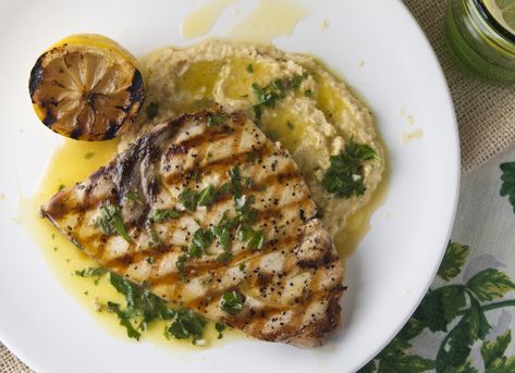 Grilled Swordfish with Chickpea Puree and Salmoriglio Sauce Chickpea Puree, Grill Fish, Italian Seafood, Grilled Swordfish, Swordfish Recipes, Italian Seafood Recipes, Peppercorn Sauce, Lobster Recipes, Grilled Seafood