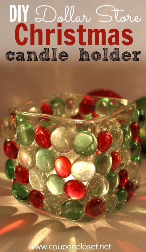 diy Christmas candle holder. glue flat glass marbles onto a glass candle holder #fabulous                                                                                                                                                                                 More Votive Candle Holders Diy, Christmas Candle Holders Diy, Dollar Store Candle Holder, Dollar Store Candles, Dollar Store Christmas Decor, Christmas Candles Diy, Christmas Candle Holder, Candle Sticks Wedding, Dollar Store Christmas