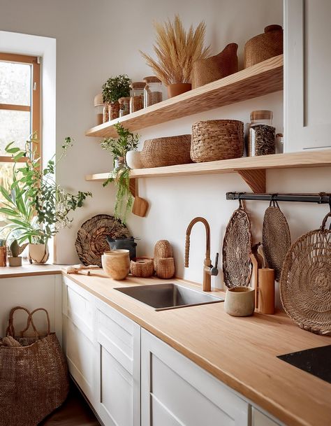 Open Shelving Single Open Shelf In Kitchen, Kitchen Open Shelf Storage, Tiny Kitchen Open Shelving, Kitchen Wall With Shelves, Single Open Shelf Kitchen, Kitchen Open Shelf Styling, Kitchen Cabinets Open Shelves, Magnolia Kitchen Decor, Colorful Eclectic Kitchen