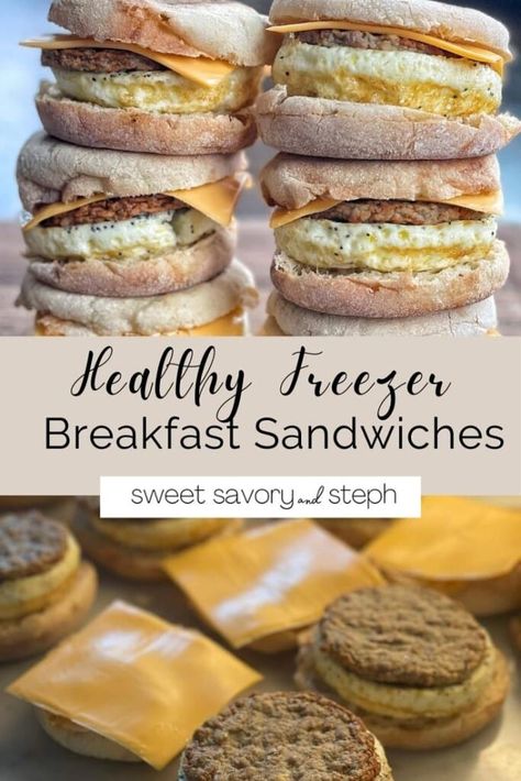 Healthy Freezer Breakfast Sandwiches - Sweet Savory and Steph Meal Prep Frozen Breakfast Sandwiches, Meal Prep Healthy Breakfast Sandwich, Low Calorie Breakfast Sandwich Meal Prep, Freezer Sausage Breakfast Sandwiches, Breakfast Sandwiches Meal Prep, Healthy Freezable Breakfast, Healthy Breakfast Sandwich Freezer, Easy Healthy Breakfast Meal Prep Ideas, Healthy Freezer Breakfast Sandwiches