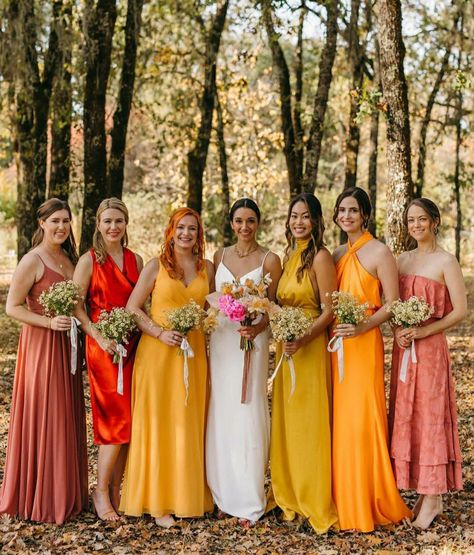 Bridesmaids Colorful, Colourful Bridesmaids, Poppy Color Palette, Colorful Bridesmaid Dresses, Bright Dresses, Bridesmaid Color, Maldives Wedding, Laguna Gloria, Fall Wedding Bridesmaids