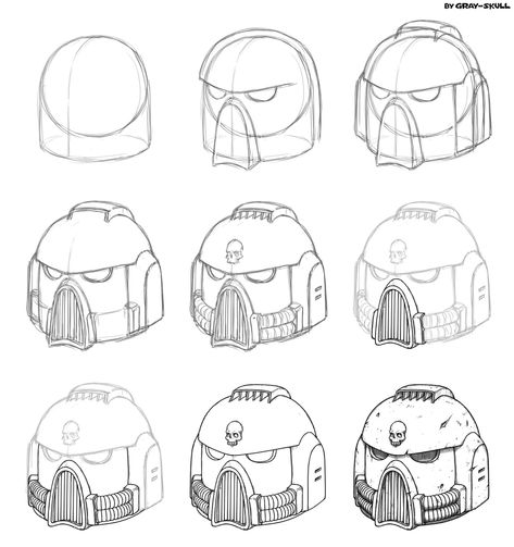 Space Marine Helmet Concept Art, Space Marine Drawing Reference, How To Draw Helmets, Warhammer Helmet, Space Marine Helmet, Armor Drawings, Helmet Drawing, Space Marine Art, Armor Drawing