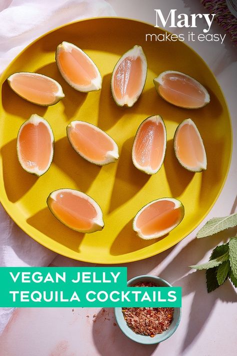 Make your own vegan version of jelly at home using guava nectar, agar powder, lime and tequila. Serve these at your next party and watch them disappear! #Vegancocktails #Veganrecipes #Veganjello #MaryMakesItEasy Tequilla Cocktails, Vegan Jello Shots, Vegan Jello, Guava Nectar, Guava Jelly, Vegan Cocktails, Vegan Jelly, Jelly Shots, Cocktail Shots