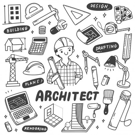 Set of architect equipment doodles | Premium Vector #Freepik #vector Architect Doodle Art, Architecture Doodle Art, Architect Doodle, Construction Doodles, Architect Stickers, Architect Illustration, Construction Stickers, Architect Tools, Architecture Tools