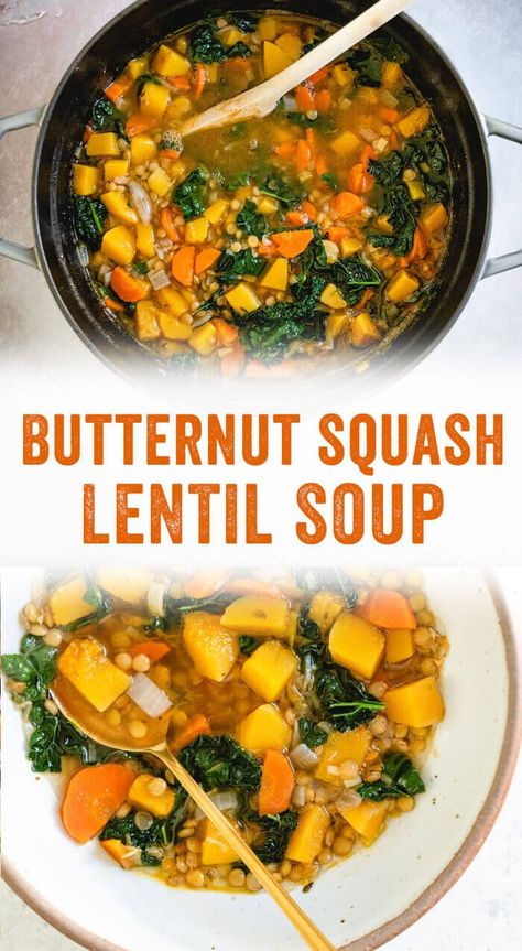 This hearty butternut squash lentil soup is a comforting and nutrient dense soup full of super foods, featuring lentils, kale, and leeks.﻿ #soup #healthy #mealprep #butternutsquash #squash #leeks #kale #lentils #vegetarian #vegan #glutenfree #plantbased Butternut Squash Lentil Soup, Squash Lentil Soup, Butternut Squash Lentil, Superfood Soup, A Couple Cooks, Soup Healthy, Butternut Squash Recipes, Super Foods, Vegan Soups