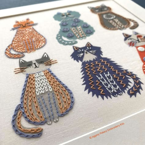 This cat embroidery kit creates six individual cats, each with their own character and personality. It's a perfect gift idea for a cat owner. Blue And White Embroidery Designs, Dog Embroidery Ideas, Easy Embroidery Ideas, Quirky Embroidery, Cat Embroidery Pattern, Print Making Designs, Janome Embroidery, Fun Embroidery, Embroider Ideas