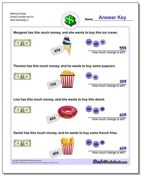 https://www.dadsworksheets.com : Making Change Simple Change from $1 Worksheet Making Change Worksheets, Counting Coins Worksheet, Identifying Coins, Printable Play Money, Math Facts Addition, Learning Money, Making Change, Division Word Problems, Free Printable Math Worksheets