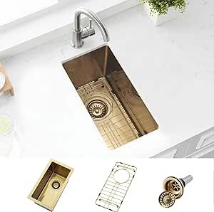 BoomHoze Gold Bar Sink, 10 x 18 Inch Small Undermount Bar Sink 16 Gauge Stainless Steel Small Kitchen Bar Sink Gold Sink Single Bowl Wet Bar Sink with Grid and Drain Strainer Small Bar Sink, Kitchen Sink Gold, Small Kitchen Bar, Gold Sink, Wet Bar Sink, Rv Sink, Undermount Bar Sink, Prep Sink, Bar Stock