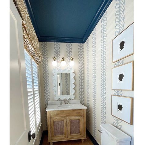 Thibaut on Instagram: “Powder room oozing with charm with our Evia wallpaper from Texture Resource 7. Beautiful and durable. Style linked in bio. #thibaut” Cape Cod Powder Room, Wallpapered Bathroom Ceiling, Striped Wallpaper Dining Room, Thibaut Wallpaper Bathroom, Striped Wallpaper Bathroom, Blue Striped Wallpaper, Wallpaper Bathroom Ceiling, Wallpaper Dining Room, Laundry Remodel