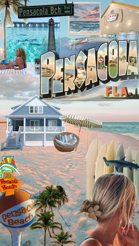 Pensacola Florida collage- palm trees, dolphins, beaches Girls Beach Trip, Florida Aesthetic, Prayer Vision Board, Spring Breakers, Pensacola Florida, Florida Girl, Girls Beach, Pensacola Beach, Hollywood Fl