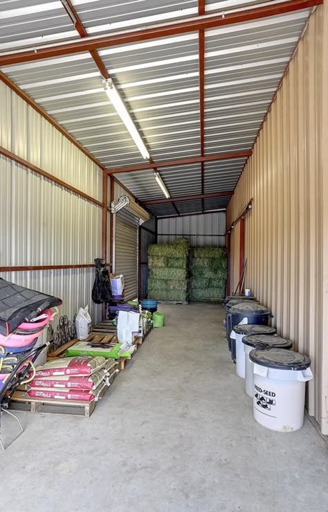 Feed Shed, Hay Storage Ideas Barns, Horse Hay Storage, Hay Barn Ideas, Horse Barn Organization Ideas, Feed Storage Ideas Livestock, Hay Shed, Feed Room Organization, Hay Storage Ideas