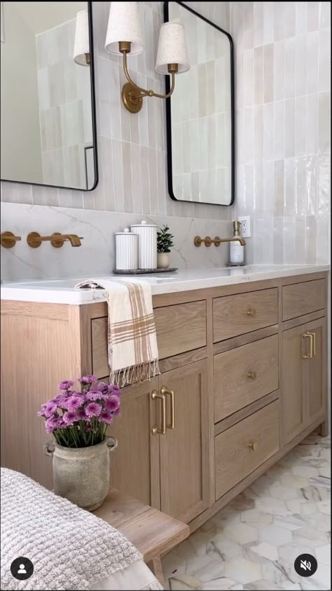 Tile Above Bathroom Vanity, Ceramic Tile Showers Walk In, Light Neutral Bathroom, Organic Modern Master Bath, Tile Behind Bathroom Vanity, Airy Bathroom Ideas, Creamy Bathroom, Neutral Kids Bathroom Ideas, Bathroom Trends For 2024