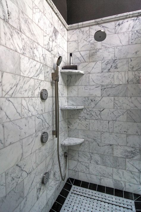 Shower Corner Shelves, Tile Shower Shelf, Tile Shower Niche, Shower Corner Shelf, Bathroom Corner Shelf, Shower Renovation, Shelves Ideas, Marble Showers, Regal Design