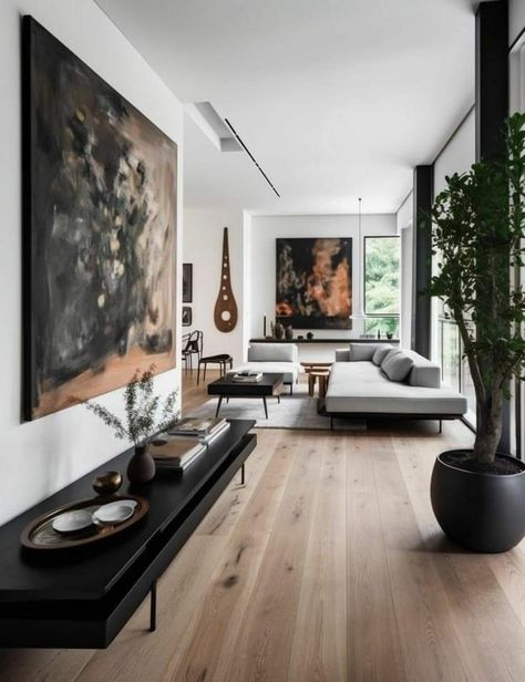 Walnut And Black Living Room, Man Interior Design, Masculine Living Rooms, Large Wall Art Living Room, Tikal, Minimalism Interior, Contemporary Home Decor, Contemporary Home, Home Decor Trends