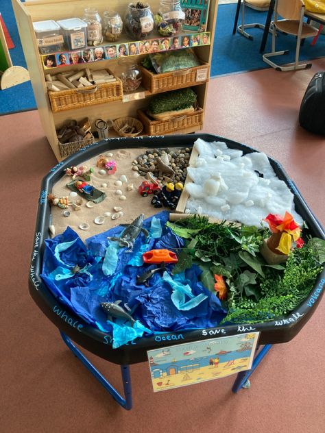 Earth Tuff Tray Ideas, Tuff Tray Book Ideas, Eyfs Seaside Topic, Animal Eyfs Activities, Seaside Tuff Tray Eyfs, Under The Sea Tuff Tray Ideas Eyfs, World Book Day Tuff Tray, Small World Tuff Tray Ideas, Book Themed Tuff Tray