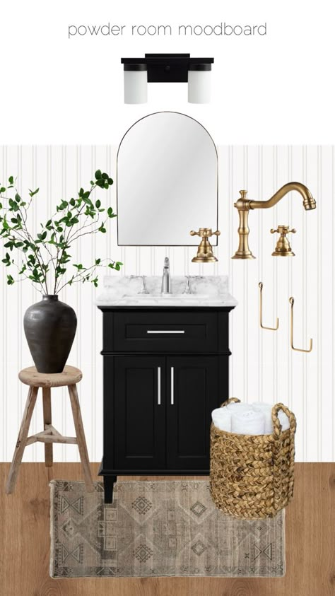 Transitional Bathroom Black Vanity, Modern Transitional Half Bath, Half Bathroom Ideas Vintage, Half Bath With Black Fixtures, Traditional Bathroom Wallpaper, Black Vanity Half Bath, Big Half Bathroom Ideas, Half Bath With Black Vanity, Half Bath Black Vanity