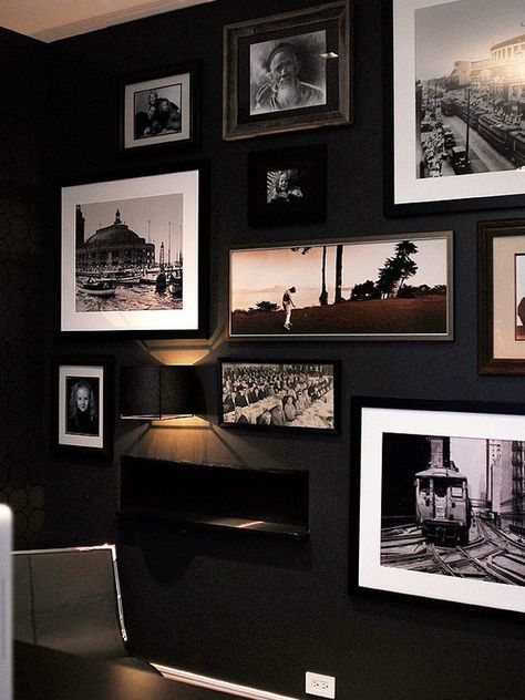 great use of photograps, and a dark/light contrast! Black Accent Wall Photo Gallery, Black Wall With Artwork, Black Frame Gallery Wall Bedroom, Black Wall With Picture Frames, Pictures On Black Wall, Interesting Gallery Wall, Gallery Wall On Black Wall, Gallery Wall Black, Closet Redesign