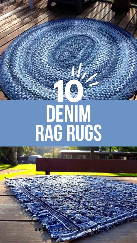 Upcycle old jeans into a beautiful DIY denim rug! This project is perfect for anyone looking to recycle denim scraps or create a homemade rug. Follow the free sewing tutorials for step-by-step instructions on how to make a fabric rug. Whether you’re crafting a rectangle rag rug or patchwork design, these denim scraps ideas will help you turn jeans into a one-of-a-kind rug! Jean Rug, Blue Jean Rug, Denim Rag Rugs, Free Sewing Tutorials, Rag Rug Diy, Homemade Rugs, Rag Rug Tutorial, Clothes Upcycle, Denim Scraps