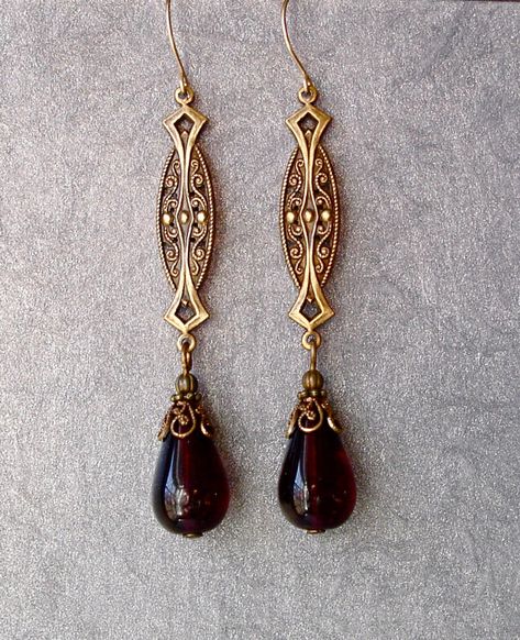 Vintage Edwardian Victorian style Golden Art Nouveau Victorian Earrings ~ ✥ Perfect for Valentines Day, a Winter wedding, birthday, or anniversary ✥ ~ ✥✥✥✥✥✥✥✥✥✥✥✥✥✥✥✥✥✥✥✥✥✥✥��✥✥✥✥✥✥✥✥✥✥✥✥✥✥✥✥✥✥ ✥✥ Garnet color is currently out of stock, but I am searching for supplies. Other colors 1910s Jewelry, Wedding January, Garnet Color, Golden Art, Victorian Earrings, January Birthday, Edwardian Art, Romantic Gifts For Her, Garnet Red