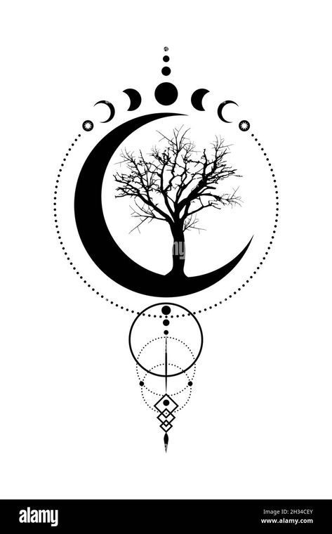 Télécharger ce vecteur : Phases mystiques de la Lune, arbre de vie, géométrie sacrée.Triple lune, demi-lune païen symbole de déesse Wiccan, silhouette wicca bannière signe, cercle d'énergie, - 2H34CEY depuis la bibliothèque d’Alamy parmi des millions de photos, illustrations et vecteurs en haute résolution. Moon Cycle Tattoo, Wiccan Goddess, Luna Tattoo, Goddess Symbol, Hipster Tattoo, Wiccan Tattoos, Moon Phases Tattoo, Goddess Symbols, Moon Symbols