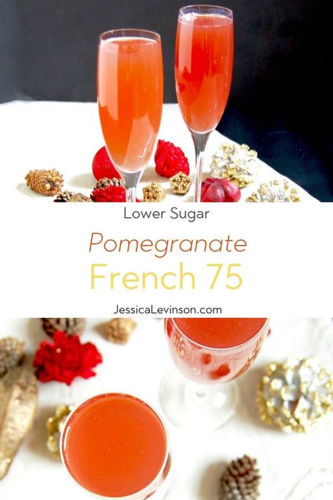 Celebrate the holiday season and ring in the New Year with a bright and festive Pomegranate French 75 cocktail with less added sugar. Recipe via JessicaLevinson.com (AD) | #ChampagneCocktail #NewYearsCocktail #CocktailRecipe #pomegranate Pomegranate French 75, Holiday Champagne Cocktails, Pomegranate Christmas, Holiday Drinks Alcohol Christmas, Pomegranate Mimosa, Pomegranate Cocktail, French 75 Recipe, French 75 Cocktail Recipes, Quick Foods