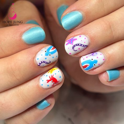 Sea creatures with eyes is definitely my new favorite thing 😂 #nails #nailpro #nailtechcomunity #mkenailtech #lightelegance #summernails #naileducator #lightelegance #mkenails #LightElegance #LENails #hardbuildergel #gelnails #milwaukeenails #milwaukeenailtech #oceannails #fishnails #sharkweek #sharkweeknails Fish Nails, Sea Shark, Light Elegance, Summer Nail Art, Nail Art Summer, Nail Pro, Summer Nail, Holiday Nails, Nails Art