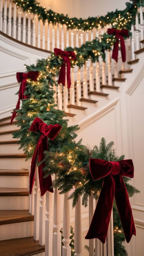 Wreath Lights, Goth Tattoo Designs, Elf Nutcracker, Christmas Door Decoration Ideas, Staircase Christmas, Positivity Tattoo, Staircase Garland, Christmas Banister, Christmas Stairs