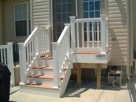 Decks – Abbey Fence & Deck Company Small Deck Designs, Patio Stairs, Front Porch Steps, Porch Design Ideas, Patio Steps, Deck Steps, Building A Porch, Patio Projects, Deck Stairs