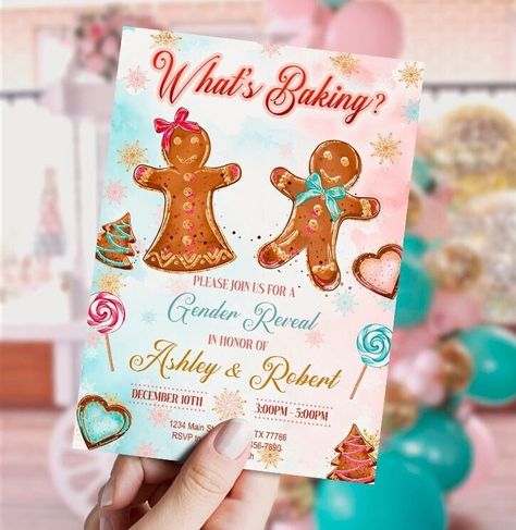 What’s Baking Gingerbread Gender Reveal, Gingerbread Gender Reveal, Hot Chocolate Cookie, Gingerbread Hot Chocolate, Gender Reveal Invitations, Couple Shower, Invitation Sizes, Chocolate Cookie, Gender Reveal