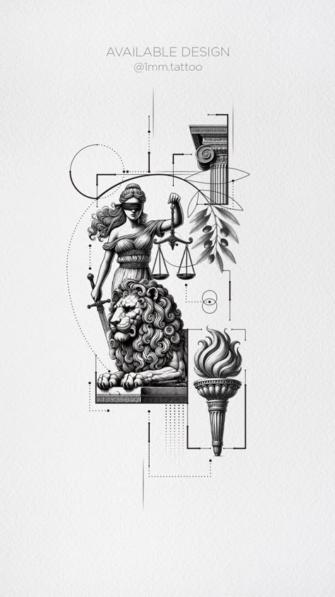 Lady Justice Back Tattoo, Goddess Of Justice Tattoo, Lady Justice Tattoo Design, Lawyer Tattoo Ideas, Tattoo Symbolizing Strength, Line Geometric Tattoo, Greek Geometric Tattoo, Fine Line Geometric Tattoo, Lawyer Tattoo