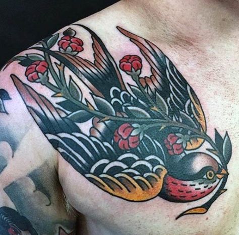 Neotraditional Swallow Neo Traditional Chest Tattoo, Traditional Swallow Tattoo, Traditional Chest Tattoo, Traditional Chest, Tato Tradisional, Vogel Tattoo, Neotraditional Tattoo, Swallow Tattoo, Omerta Tattoo