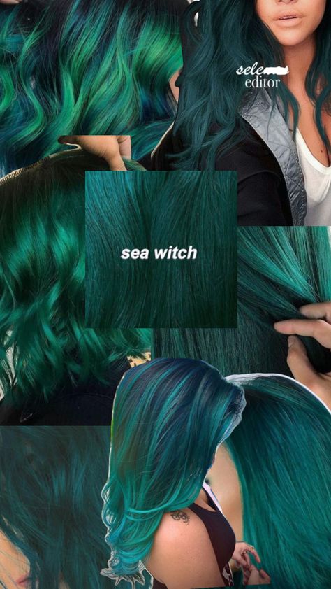 Sea Witch Green Hair, Black N Green Hair, Mardi Gras Hair Color, Emerald Green Split Dye, Sea Witch Hair Color, Two Tone Green Hair, Pigeon Hair Color, Green To Blue Hair, Dark Green And Purple Hair